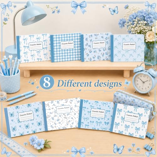 16 Pack Mini Composition Notebooks Bulk College Ruled 7.4'' x 4.7'' Blue Bow Half Size Composition Books 80 Pages Small Pocket Journal Books Back to School Gift for Student Teacher Office Supplies - color: Blue Bow