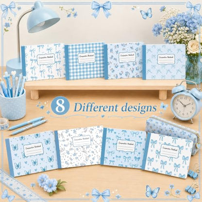 16 Pack Mini Composition Notebooks Bulk College Ruled 7.4'' x 4.7'' Blue Bow Half Size Composition Books 80 Pages Small Pocket Journal Books Back to School Gift for Student Teacher Office Supplies - color: Blue Bow