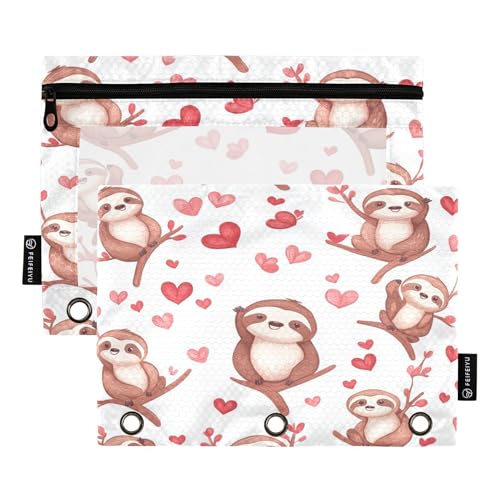 Cute Sloths Novelty Binder Pencil Pouch 3 Ring Clear Pouches with Zipper Pen Organizer for Office College School, 2 Pack - color: Multi-cute Sloths Novelty