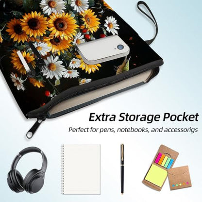Padded Book Sleeve with Zipper & Front Pocket, Fabric Book Cover | Country Sunflower Daisy Vase11.4"x8.7" Washable Canvas Pouch for Hardcovers, Tablets & Reading Accessories - color: Country Sunflower Daisy Vase