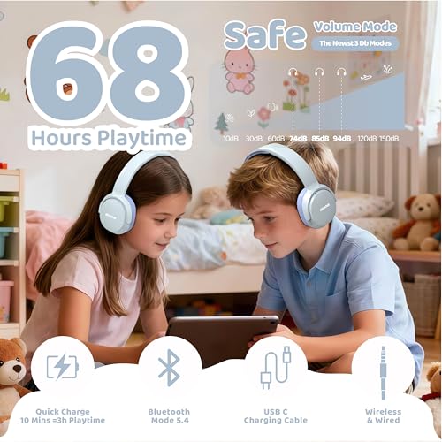 MIDOLA Headphones For Kids Bluetooth 5.4 Wireless 68H Play Time Volume Limit 85/94dB Over-Ear Foldable Headset,with Mic Wired Aux for Toddler Child Boy Girl School Pad Tablet Light Silver(Gray)/Purple - color: Sky Blue