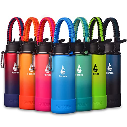 Farsea Insulated Water Bottle With Paracord Handle, Protective Silicone Boot and 2 Lids (Straw Lid & Spout Lid), Stainless Steel Water Bottle Wide Mouth, Double Wall Sweat-Proof BPA-Free, 18 oz - color: Sky/Blue, size: 18 Ounces