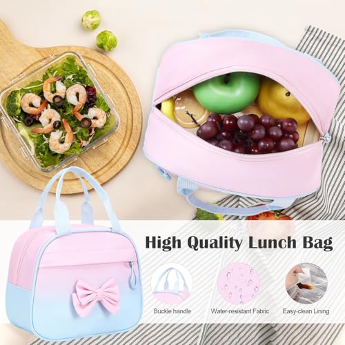 Bevalsa Rolling Backpack for Girls, Roller Backpack with Wheels, Cute Bow Wheeled School Bookbag Set with Lunch Bag & Pen Case, Suitcases for Kids Teens Elementary Middle Student (Pink Blue) - color: Pink Blue