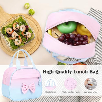 Bevalsa Rolling Backpack for Girls, Roller Backpack with Wheels, Cute Bow Wheeled School Bookbag Set with Lunch Bag & Pen Case, Suitcases for Kids Teens Elementary Middle Student (Pink Blue) - color: Pink Blue