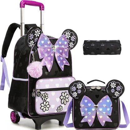 Meetbelify Girls Rolling Backpack with Wheels Kids Wheels Backpack for Girls - color: Bowknot Purple