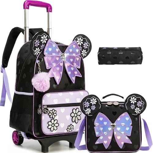 Meetbelify Girls Rolling Backpack with Wheels Kids Wheels Backpack for Girls - color: Bowknot Purple