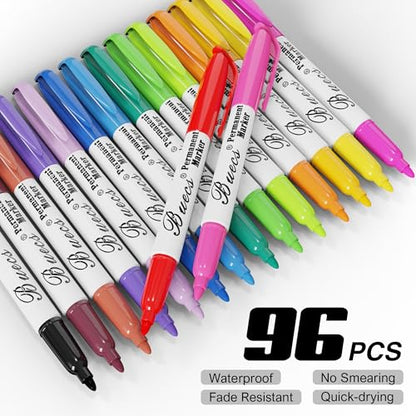Buecs Permanent Markers, 96 Count Fine Point Permanent Markers, 16 colors, Waterproof & Smear Proof Markers, Quick Drying, Office Supplies for School, Office, Home
