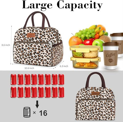 Coobiiya Lunch Box for Women, Reusable Cute Insulated Lunch bag Tote Bags | Large Capacity Cooler Thermal Leakproof for Work Travel Picnic - color: Leopard