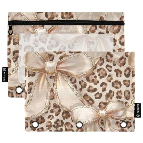 Gredecor 3 Ring Binder Pencil Pouch, Leopard Cheetah Bow Zippered Pen Case Pouches with Clear Window, 2 Pack Stylish Office & School Supplie - color: Leopard Cheetah Bow