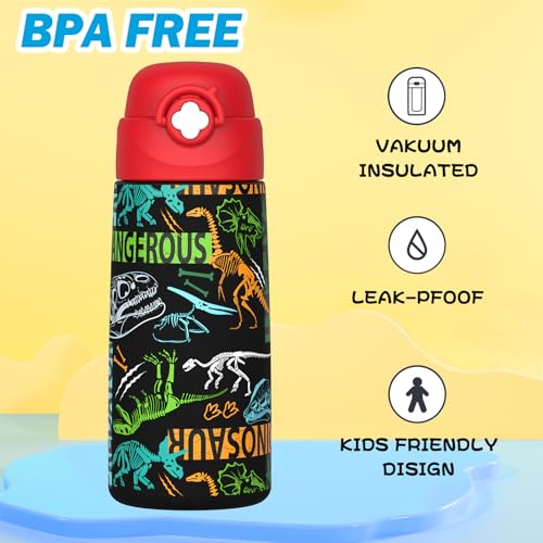 Boys Insulated Water Bottle with Covered Pop-Up Straw,16 oz Kids Cups with Stainless Steel Leak Proof for School（Red-Dinosaur） - color: A24.Dinosaur-Red, style: 1Pack