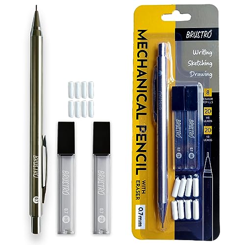 BRUSTRO Mechanical Pencil Metal with Eraser 0.7mm Writing/Sketching/Drawing Spare leads HB-20 units. 2B-20 units Spare eraser- 8 units
