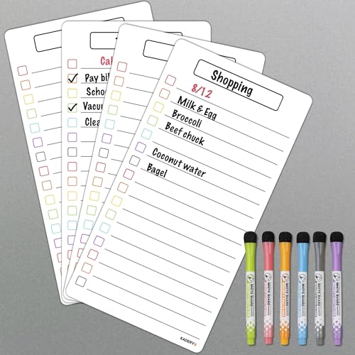 Magnetic Dry Erase List Board Set for Refrigerator, 4-Pack 5" x 9.5" Colorful Checklist Whiteboard, Water-Resistant, with 6 Color Markers w/Eraser Caps - Shipped Flat