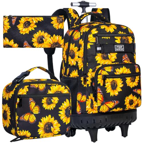 3Pcs Rolling Backpack for Girls, 19 Women Inche Roller Bag with Wheels, Sunflower Wheeled Bookbag Set for Adults(Yellow) - color: Sunflower