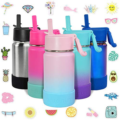 CHILLOUT LIFE 12oz Kids Insulated Stainless Steel Water Bottle with Leak Proof Straw Lid & 144 Stickers - color: Cotton Candy, style: 12 oz
