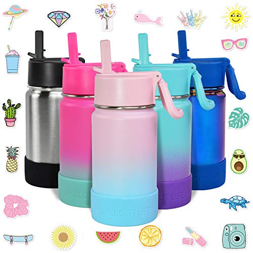 CHILLOUT LIFE 12oz Kids Insulated Stainless Steel Water Bottle with Leak Proof Straw Lid & 144 Stickers - color: Cotton Candy, style: 12 oz