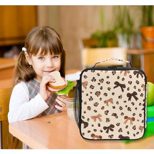 ALAZA Leopard Print Cheetah Bow Pattern Lunch Box Insulated Lunch Bag Kids Cooler Tote Bag Freezable Shoulder Strap Lunchbox for Girls School Picnic - color: Multi2354