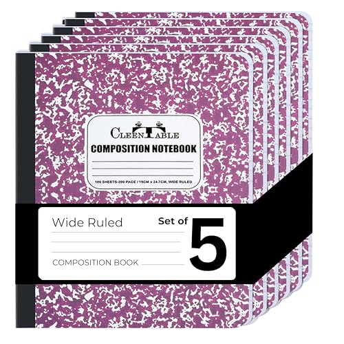 CLEENTABLE Composition Notebook 5 Pack, Wide Ruled Paper, Marble Cover Notebooks for School, 9.75 x 7.5 Inches, 100 Sheets (200 Pages), Sewn Binding Comp Books, Purple