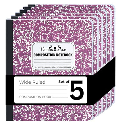 CLEENTABLE Composition Notebook 5 Pack, Wide Ruled Paper, Marble Cover Notebooks for School, 9.75 x 7.5 Inches, 100 Sheets (200 Pages), Sewn Binding Comp Books, Purple