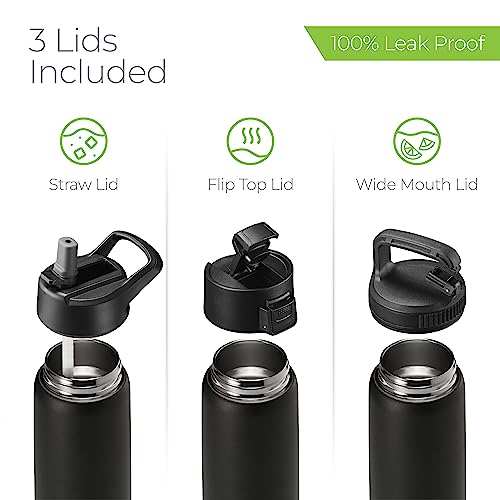 SipX™ Insulated Water Bottle with 3 Lids 25 oz (750 mL). Leakproof Stainless Steel, Triple Insulated – Cold 24 Hours/Hot 12 Hours – Durable Bottle for School, Gym, Travel – Black - color: Black, size: 25 Ounces