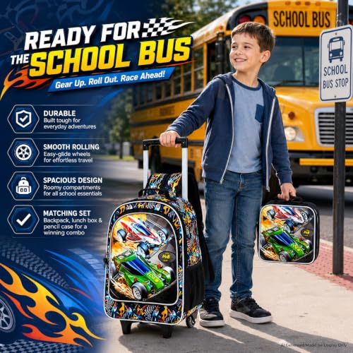 WZLVO 3PCS Kids Rolling Backpack, 18" Race Car Print Rolling Bookbag, Includes Matching Lunch Bag & Pencil Bag - Red Racing Speed - color: 3PCS Boys Rolling Backpack - Red Racing Speed
