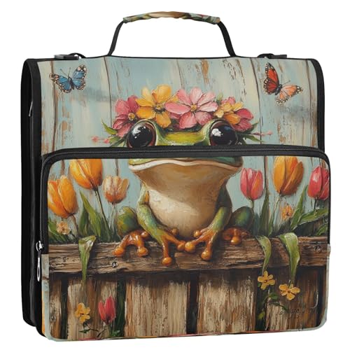 Caikeny 3 Ring Zipper Binder Cute Frog Colorful Flowers Tulips Butterfly 1.5 inch Binders Bag with Shoulder Strap and Handle Expanding File Pockets - color: Multicolored 1z2.3