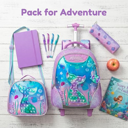 Kids Rolling Backpack for Girls Mermaid Trolley Suitcases Luggage with Wheels Bookbag Wheeled 3pcs on Lunch Box Pencil Case Preschool Students Elementary Teenagers Pink for Girls Age 5-12 - color: Pink-0130-wanjuywb
