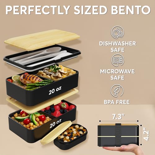 Umami Bento Box Adult All-In-1 w/4 Utensils, Big Sauce Jar, 2 Dividers, 100% Leakproof, Microwave & Dishwasher Safe Stackable Bento Lunch Box Containers for Men/Women, Black & Bamboo, 40 oz - color: Black & Bamboo, size: M - 40 oz