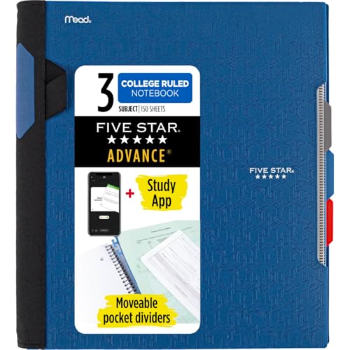 Five Star Advance Spiral Notebook + Study App, 3 Subject, College Ruled Paper, 8-1/2" x 11", 150 Sheets, Spiral Guard, Movable Tabbed Dividers, Pacific Blue (73138) - color: Pacific Blue, size: Pack of 1