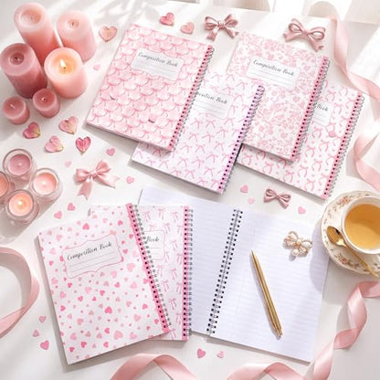 AmazingSpark 6 Pack Lefty Preppy Notebook Cute Bow Coquette Journal 7" x 9" College Wide Ruled 110 Pages Left Handed Aesthetic School Supplies Gifts for Teens Girls Women(Spiral,Pink Bow) - color: Pink Bow, style: Spiral