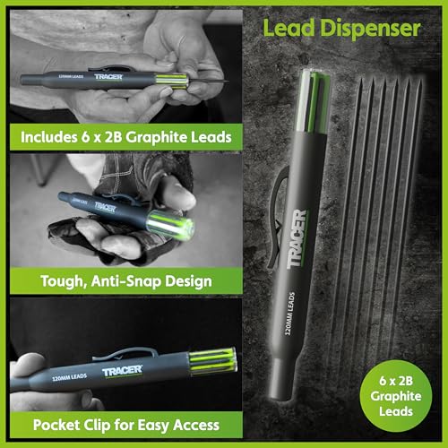 Tracer 5 Piece Construction Marker Kit - Deep Hole Carpenter Pencil Set with 2 Deep Hole Marking Pens, Heavy Duty Clog-Free Marker, 2.8mm Replacement Leads & Storage Case for Woodworking Tools - style: 5pc Set