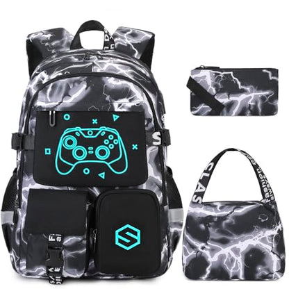 Scothen Boys Backpack, Cool Luminous School Backpack with Lunch Bag Pencil Case, Kids Backpack Kindergarten Elementary Middle School Book Bags for Teen Boys Children with USB Charging Port - color: Black Lightning