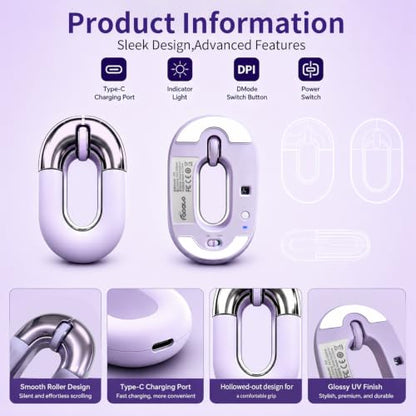 Travel Mouse Purple Wireless Mouse for Laptop Bluetooth Silent Mouse | Rechargeable Portable Cute Donut Mice Dual Mode & 2.4G, 1200 DPI for Mac, iPad, PC - color: Purple