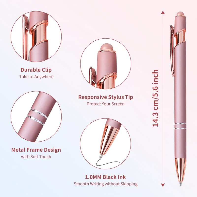 8 Pack Rose Ballpoint Pen with Stylus Tip Stylus Pens | Metal Stylus Pens for Touch Screens, 1.0 mm Black Ink - color: 8 Pack-Rose Gold