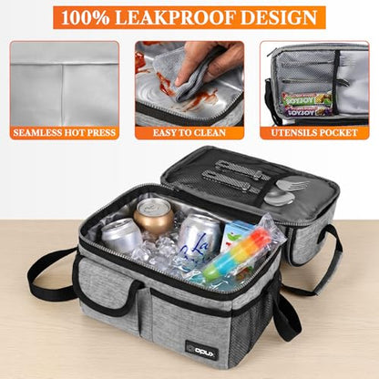 opux Insulated Lunch Bag Women Men, Dual Compartment Leakproof Lunch Box Adults Kids, Double Decker Meal Prep Bento Lunch Cooler Tote with Shoulder Strap for Work Office School Travel, Gray - color: Heather Gray