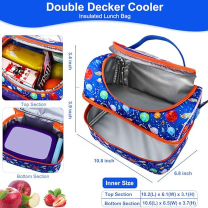 RHCPFOVR Kids Lunch Bag - Double - Decker Cooler Insulated Lunch Box for Boys Girls,Washable Lunch Bag with Strap and Reusable Toddler Lunchbox for School and Daycare - color: Royal Blue Space