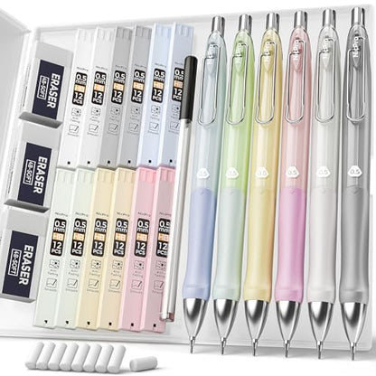 Nicpro 6PCS Pastel Mechanical Pencil Set 0.5 mm, Cute Mechanical Pencils with Comfort Grip with 12 Tubes HB Lead Refill, 3 Eraser, 9 Eraser Refills for Student Writing, Drawing, Sketching- with Case - size: 0.5