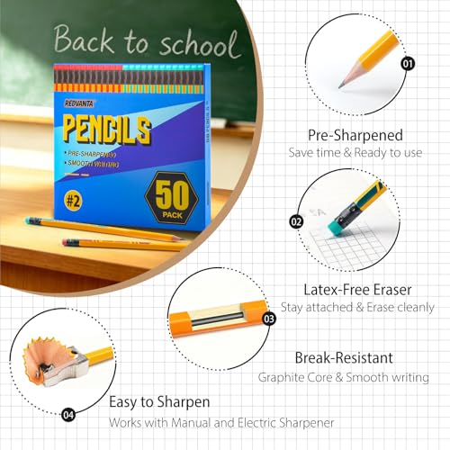 #2 HB Pencils, 50 Count Pre-Sharpened Yellow Wood Pencils Bulk Pack with Erasers, Break Resistant Lead, Smooth Writing for School, Classroom, Teacher & Office Supplies