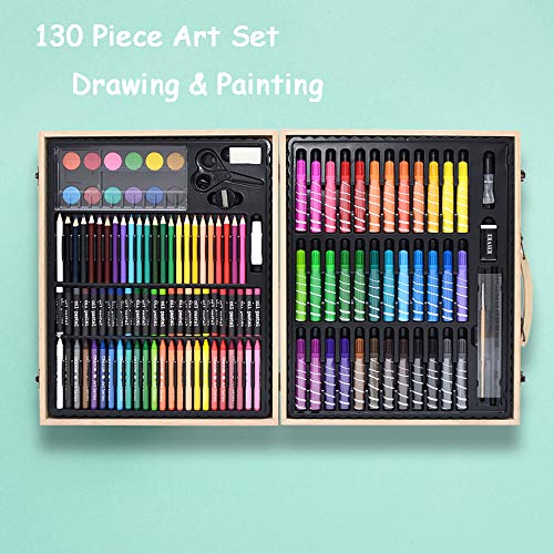 Darnassus 130-Piece Art Set, Deluxe Professional Color Set, with Compact Portable Wooden Case, Art Kit Gift for 4-12 Age