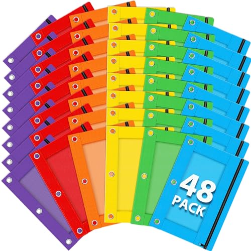 Officygnet 48 Pcs Pencil Pouch for 3 Ring Binder, Bulk Pencil Case Pouch with Clear Window, Pencil Bags with Smooth Zipper, Pencil Pouch for School Office Classroom Supplies(6 Color)
