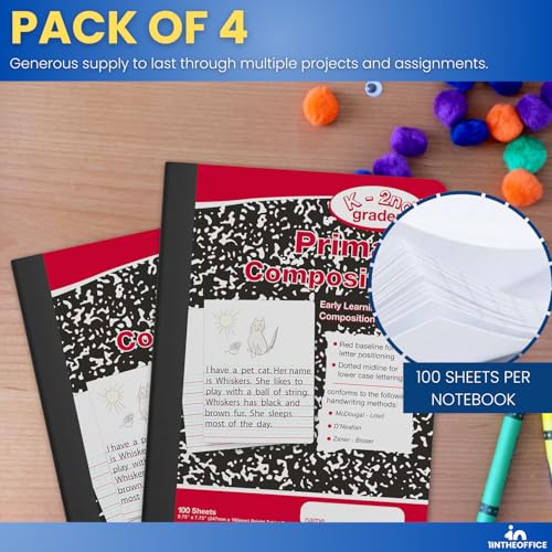 1InTheOffice Primary Composition Notebook K-2, Primary Journal, Kindergarten Notebook, 7.5" x 9.75", 100/Sheets, Red/Black Marble, 4 Pack