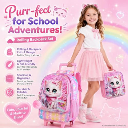 WZLVO 4PCS Rolling Backpack for Girls, Kids Cat Roller Backpacks with Wheels for Kids, Wheeled Bookbag Set for Toddler Elementary School - color: Cat Pink