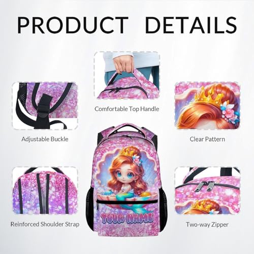 COZYAURA Personalized Mermaid Backpack for Girls with Custom Name - 3-Piece School Bag Set with Insulated Lunch Box & Pencil Case for Kindergarten & Elementary Students - color: Blue