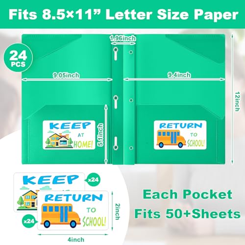 Henoyso 24 Set Take Home Folders with Clear Front Pocket, School-to-Home Communication Folder Bulk for Back to School Classroom, Heavy Duty Plastic Parent-Teacher Homework Folders (Green) - color: Green
