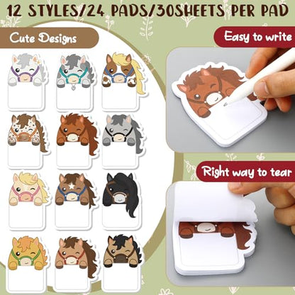 Yinder 24 Pads Cute Sticky Notes Fun Kawaii Horse Sticky Notes Pads Bulk Cartoon Memo Self Adhesive Gift for Valentines Veterinary Office School Tab Party Supplies - style: Horse