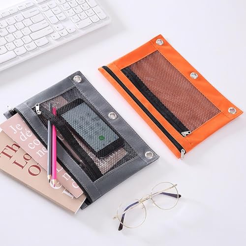 Jinshining 1pc Beige Pencil Pouch for 3 Ring Binder, Binder Pencil Case with Smooth Zipper,Clear Window Pencil Case,Big Capacity 3 Ring Binder Pencil Bag with 3 Reinforced Grommets,Binder Accessories