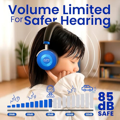 Puro Sound Labs JuniorJam Plus Volume-Limiting Wireless Bluetooth Headphones for Kids, Secure Audio with Adjustable On-Ear Design, 22-Hour Battery Life, Ideal for Tablets, Smartphones & PCs - Blue - color: Blue