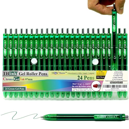 [24 Pens - Green Ink] Think2 0.7mm CGI Retractable Gel Pens. (24 Green) Medium Point Rollerball Pens with Smooth Quick Drying Ink. - color: Green