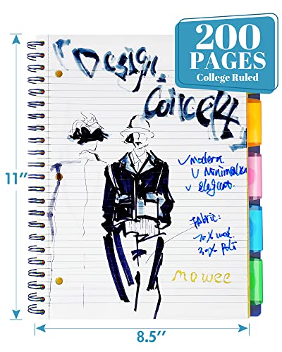 5 Subject Notebook - Spiral Notebook, College Ruled Notebook With Dividers Pocket, Tabs, 11" Ruler, 200 Pages, for Writing Journal, Home & Office, School Supplies, 8.5''x11'' CoCo Brown | 200 Pages, 11" Ruler, 8.5"x11" Brown, Pocket Dividers with Tab Labe