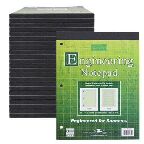 Roaring Spring Graph Ruled Covered Engineering Pad, Engineering Graph Paper Pad, 24 Pack, 5x5 Enclosed Grid, 8.5" x 11", 80 Sheets, 3 Hole Punched, Green Tinted Sheets, Made in USA - color: Green, style: Case of 24