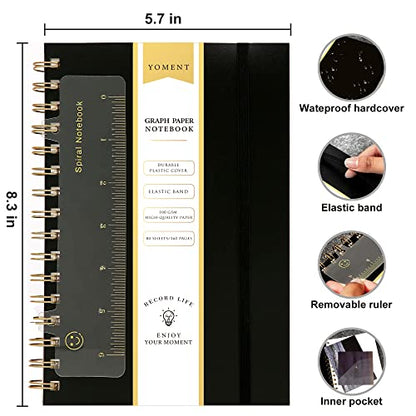 Yoment Graph Paper Spiral Notebook A5 Graphing Notebook 160 Pages Graph Paper Notebook Spiral Bound Waterproof Plastic Hardcover Spiral Journal 5x7 Grid Notebooks for Note Taking,Black - color: Black, style: A - Graph - A5